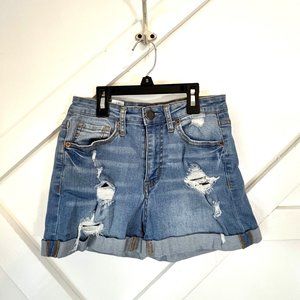 Aeropostale High Waisted Midi Cuffed Medium Wash Denim Shorts, Size 2